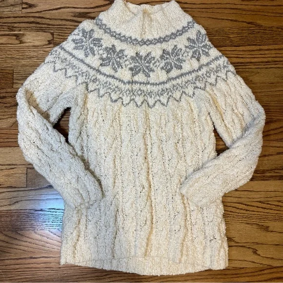 90s Jones New York Hand Knit Sweater S Ivory Gray Fair Isle Fisherman Wool Blend - Picture 2 of 8